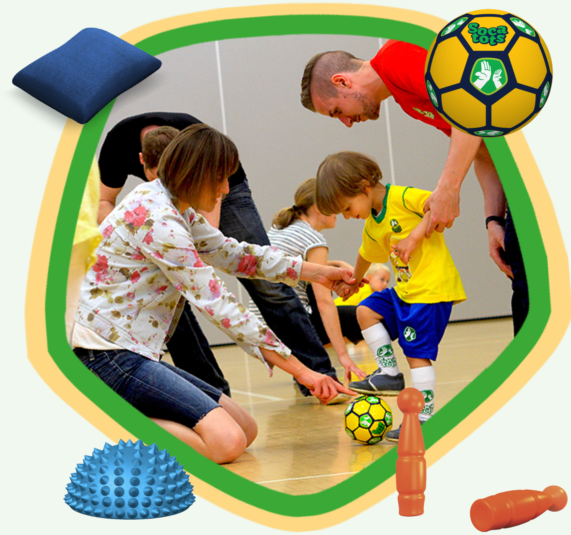 A collage showing a mother and their toddler being helped by our SOCATOTS football coach surrounded by the SOCATOTS training equipment