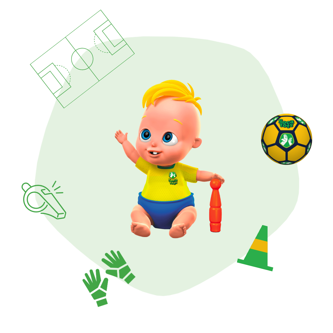 SOCATOTS baby surrounded by the SCOATOTS football, skittle and icons